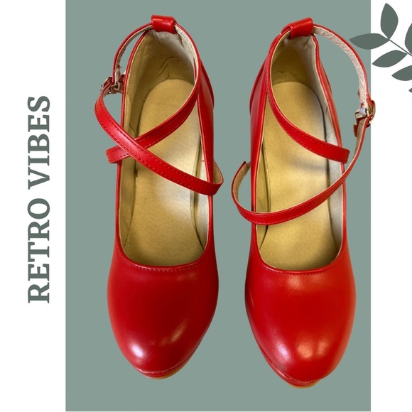 🛍️3/$40 Retro Vintage Inspired Red Platform Mary Jane High Heel Strap Sz 8.5 39 - Picture 6 of 9